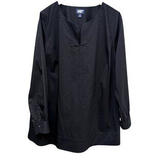 LANDS END Black Shirt Plus Size 1X Cotton Blend Tunic Blouse Long Sleeve Womens